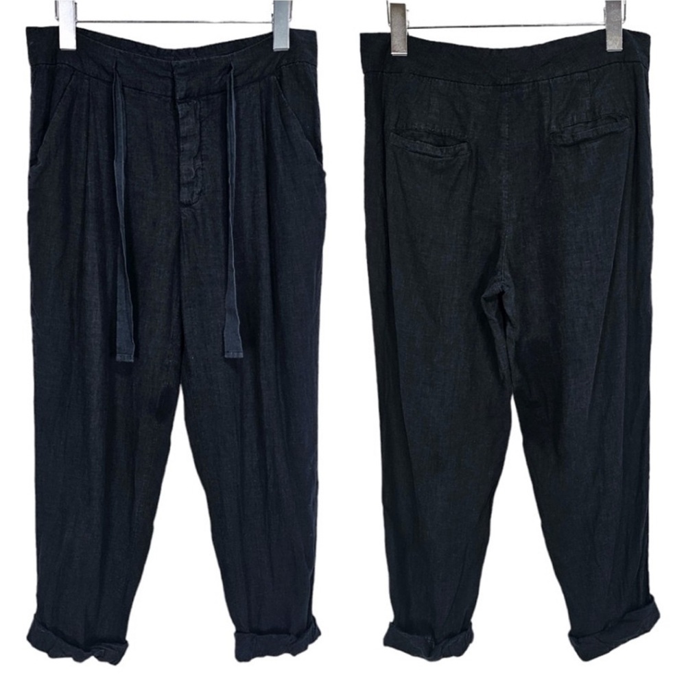 Free People Black Linen Rayon Blend Drawstring Waist Button Fly Rolled Leg Pants